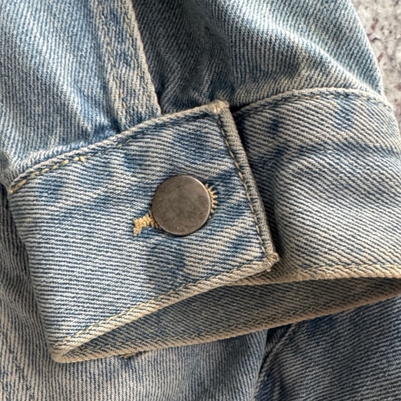 Free People Light Blue Distressed Jean Jacket with Pearl Accents - Picture 3 of 5